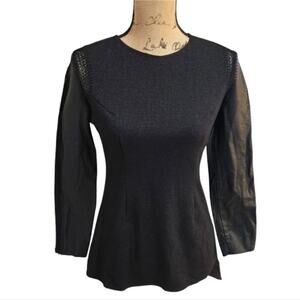 STELLA & JAMIE Genuine Leather Sleeve Crochet Top Stretch Tunic Black Small